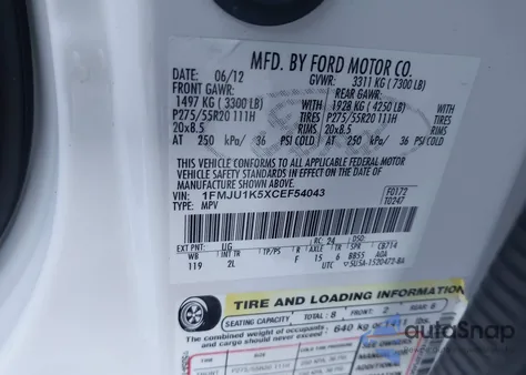 2012 Ford Expedition Limited from USA, damaged, VIN 1FMJU1K5XCEF54043